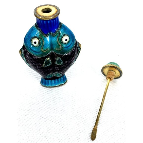 Double Koi Fish Metal & Enamel Snuff Bottle Vintage 2 5/8" Tall Original Box - Picture 8 of 10